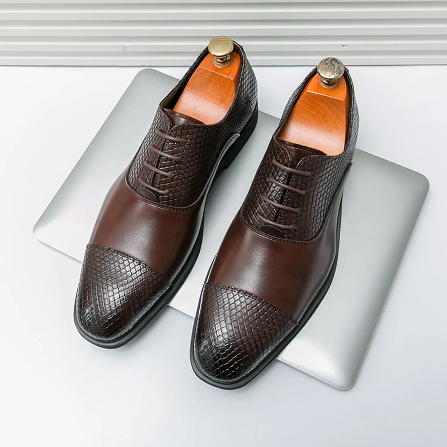 Men's Leather Printing Oxfords Dress Shoes Fashion Classic Round-Toe Lace up Low Top Derby Shoes Luxury Business Wedding Formal Shoes