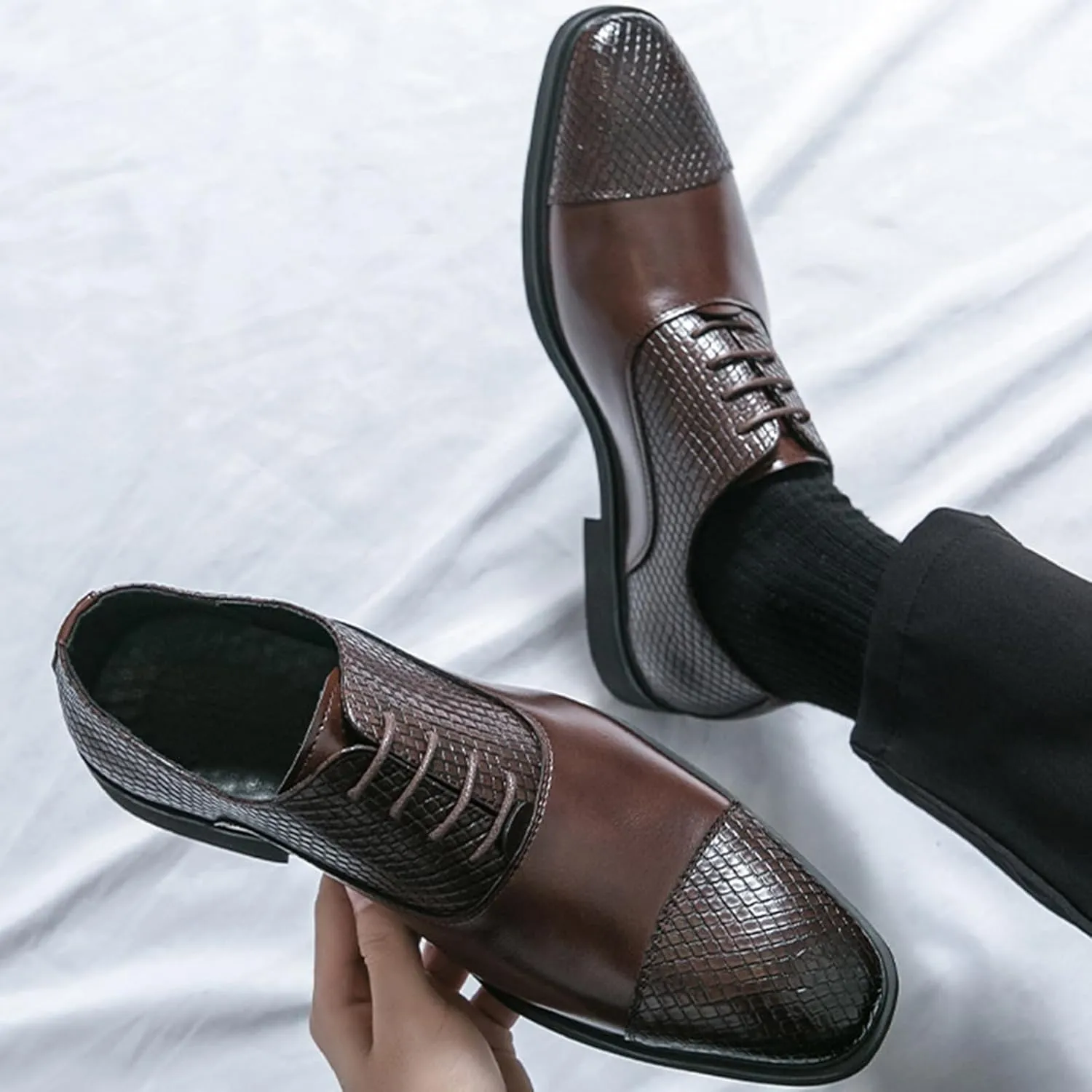 Men's Leather Printing Oxfords Dress Shoes Fashion Classic Round-Toe Lace up Low Top Derby Shoes Luxury Business Wedding Formal Shoes