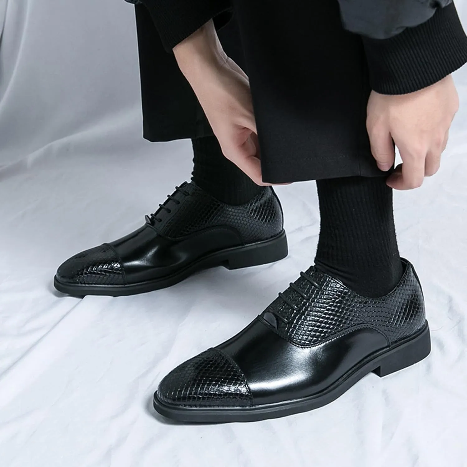 Men's Leather Printing Oxfords Dress Shoes Fashion Classic Round-Toe Lace up Low Top Derby Shoes Luxury Business Wedding Formal Shoes