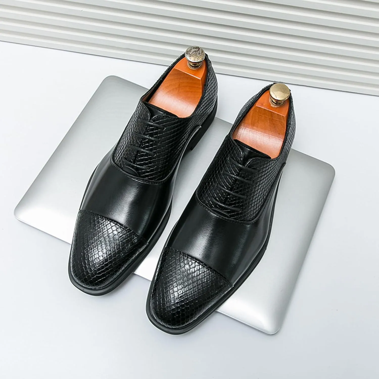 Men's Leather Printing Oxfords Dress Shoes Fashion Classic Round-Toe Lace up Low Top Derby Shoes Luxury Business Wedding Formal Shoes