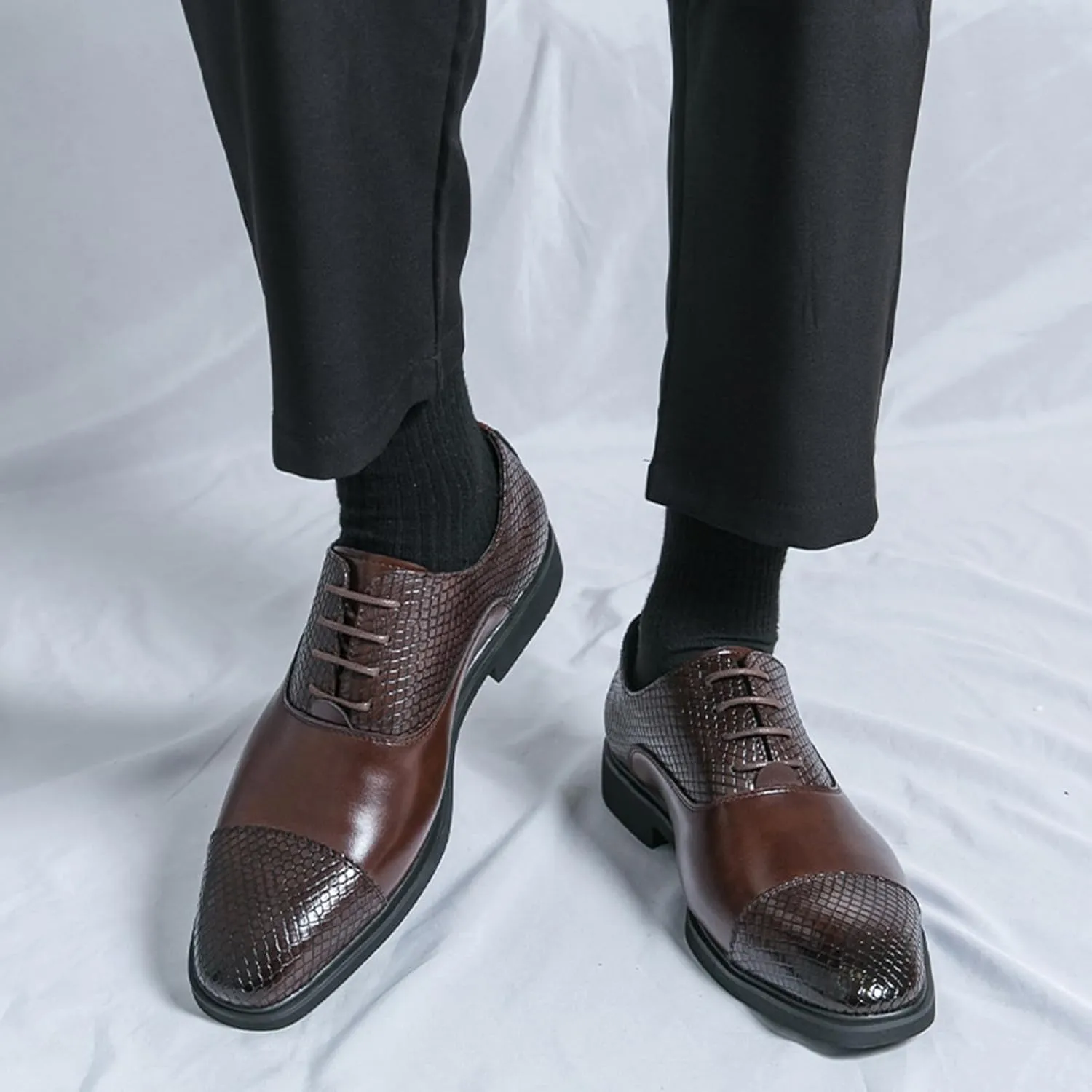 Men's Leather Printing Oxfords Dress Shoes Fashion Classic Round-Toe Lace up Low Top Derby Shoes Luxury Business Wedding Formal Shoes