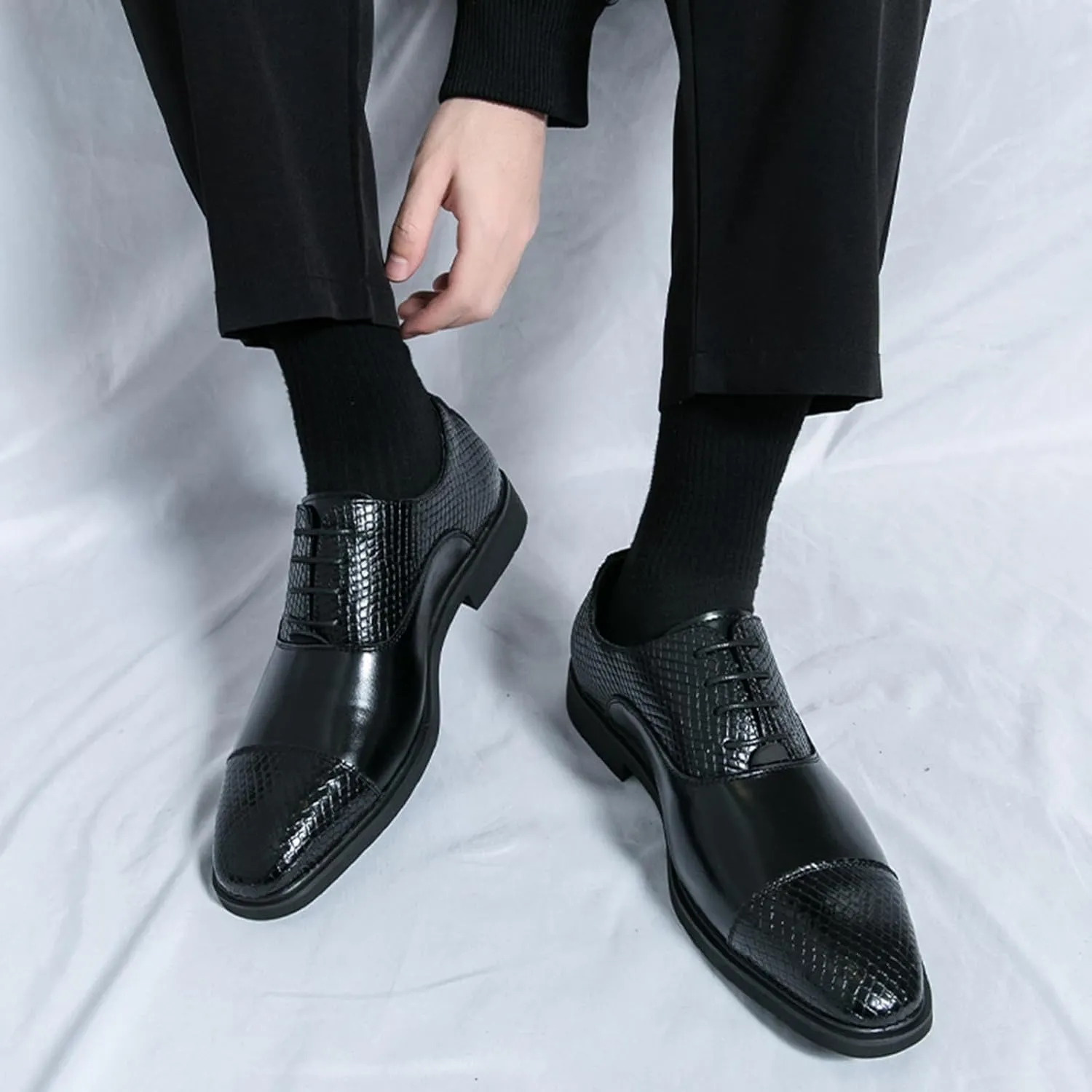 Men's Leather Printing Oxfords Dress Shoes Fashion Classic Round-Toe Lace up Low Top Derby Shoes Luxury Business Wedding Formal Shoes
