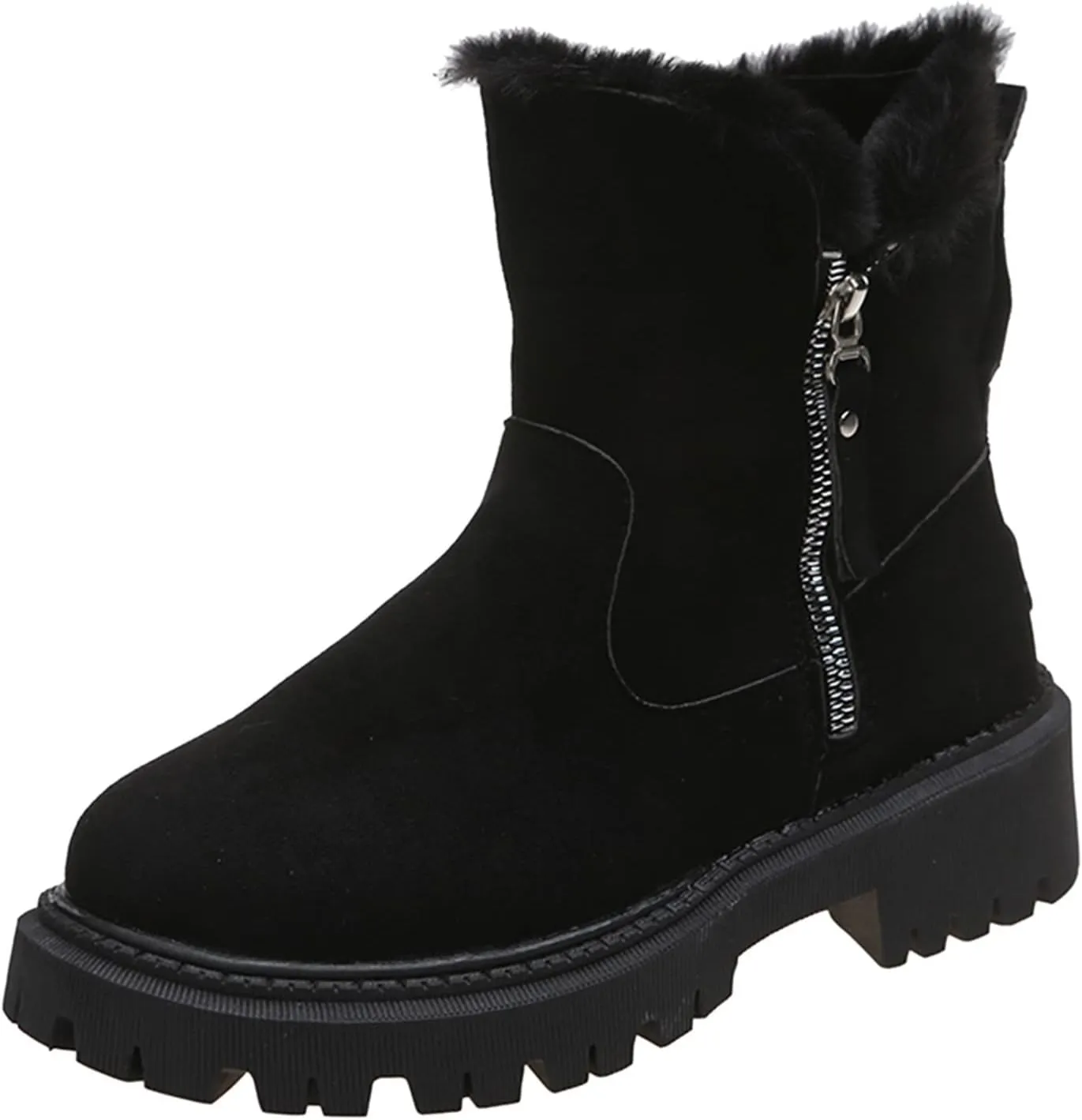 Mid Calf Boots for Women Faux Furry Lined Snow Boots Suede Leather Dressy Slip on Comfort Fall Winter Short Boots Side Zipper Wide Width Ladies Booties Women Shoes