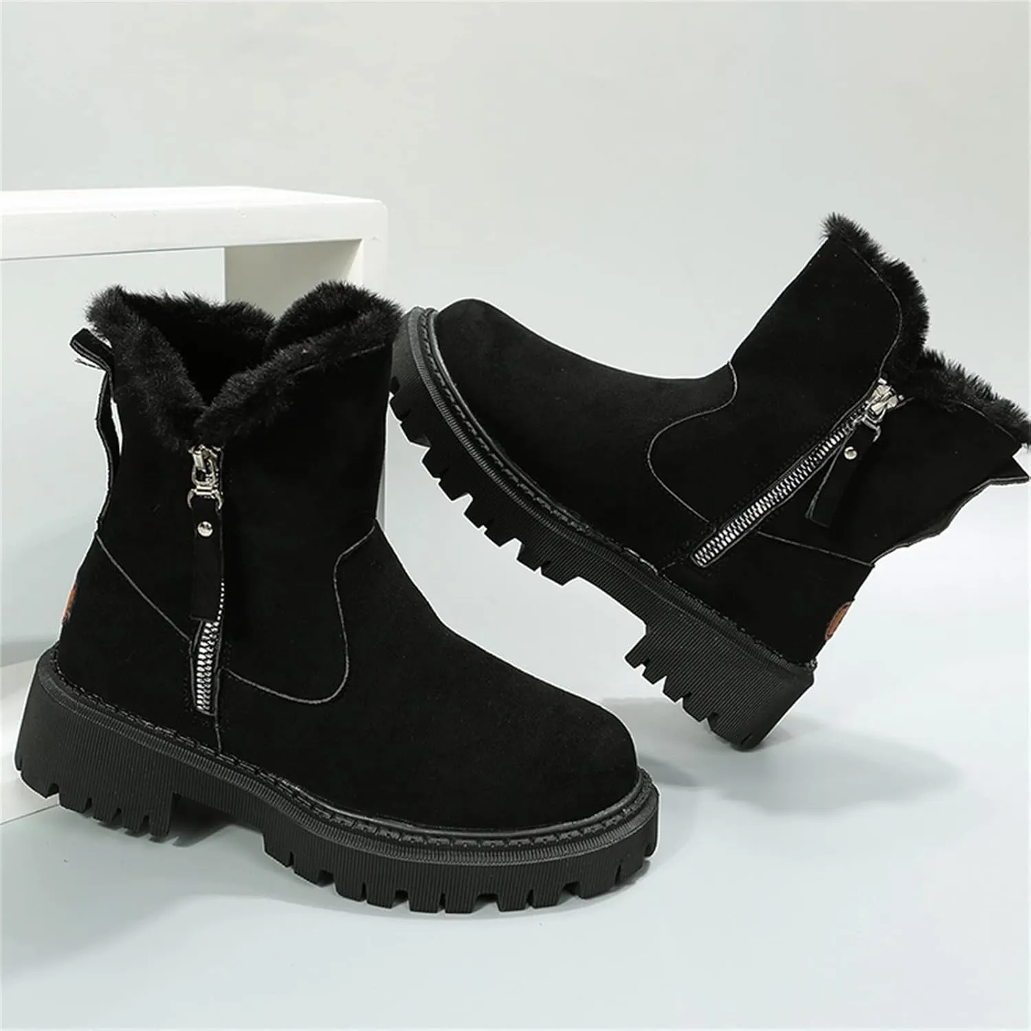 Mid Calf Boots for Women Faux Furry Lined Snow Boots Suede Leather Dressy Slip on Comfort Fall Winter Short Boots Side Zipper Wide Width Ladies Booties Women Shoes