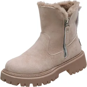 Mid Calf Boots for Women Faux Furry Lined Snow Boots Suede Leather Dressy Slip on Comfort Fall Winter Short Boots Side Zipper Wide Width Ladies Booties Women Shoes