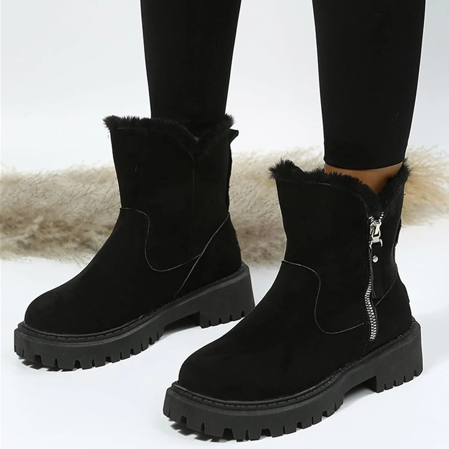 Mid Calf Boots for Women Faux Furry Lined Snow Boots Suede Leather Dressy Slip on Comfort Fall Winter Short Boots Side Zipper Wide Width Ladies Booties Women Shoes