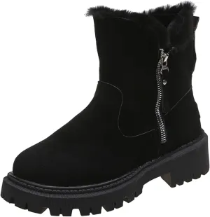 Mid Calf Boots for Women Faux Furry Lined Snow Boots Suede Leather Dressy Slip on Comfort Fall Winter Short Boots Side Zipper Wide Width Ladies Booties Women Shoes