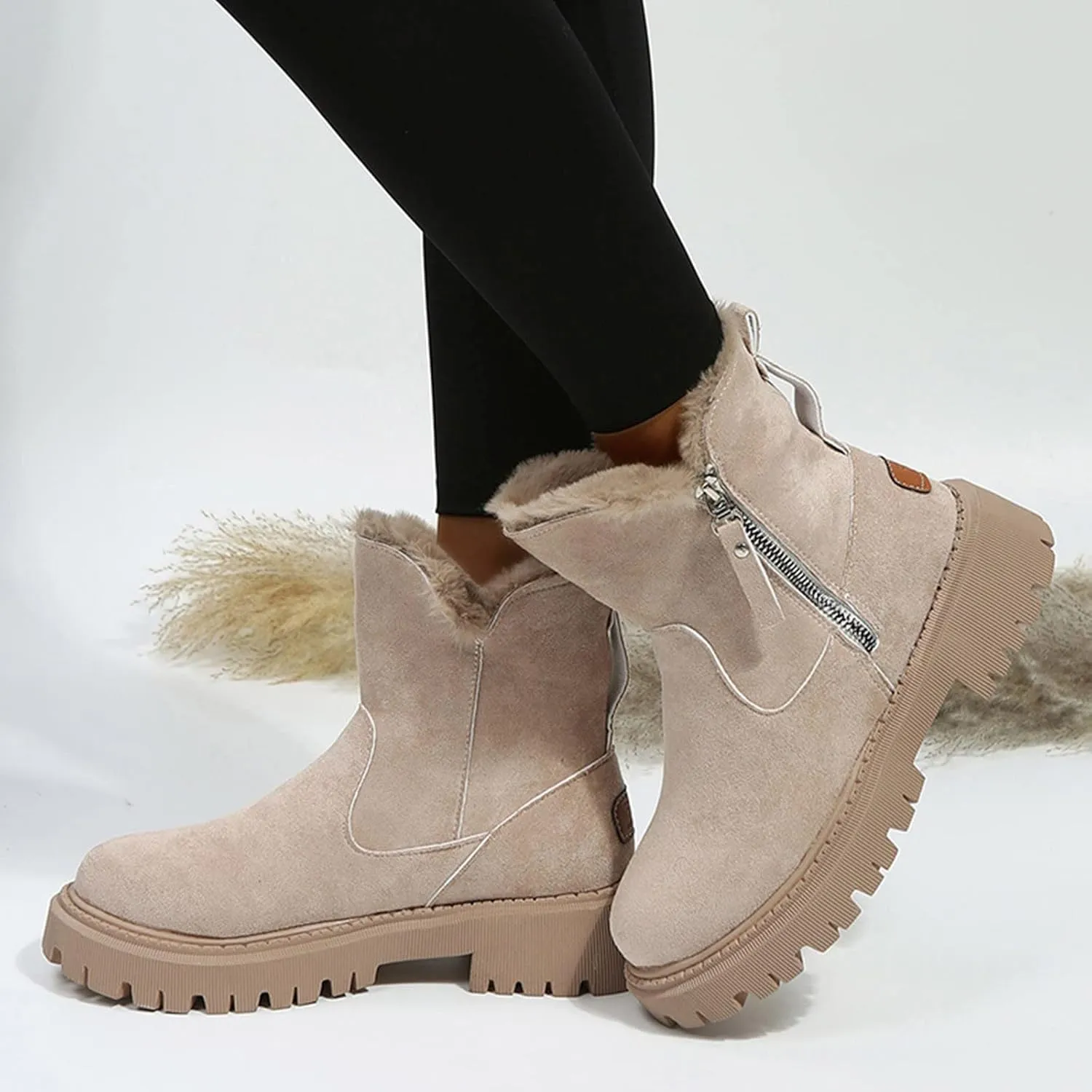 Mid Calf Boots for Women Faux Furry Lined Snow Boots Suede Leather Dressy Slip on Comfort Fall Winter Short Boots Side Zipper Wide Width Ladies Booties Women Shoes