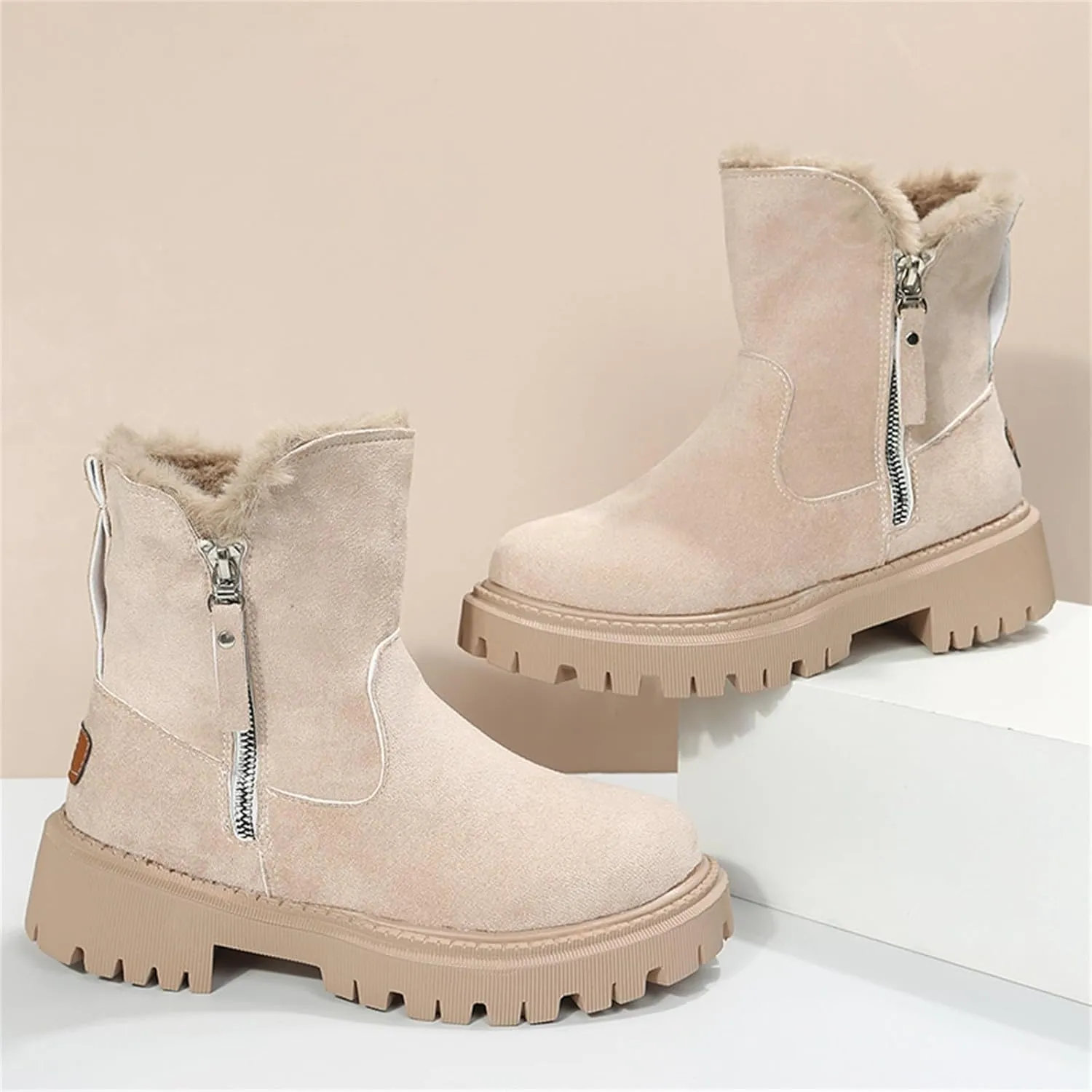 Mid Calf Boots for Women Faux Furry Lined Snow Boots Suede Leather Dressy Slip on Comfort Fall Winter Short Boots Side Zipper Wide Width Ladies Booties Women Shoes