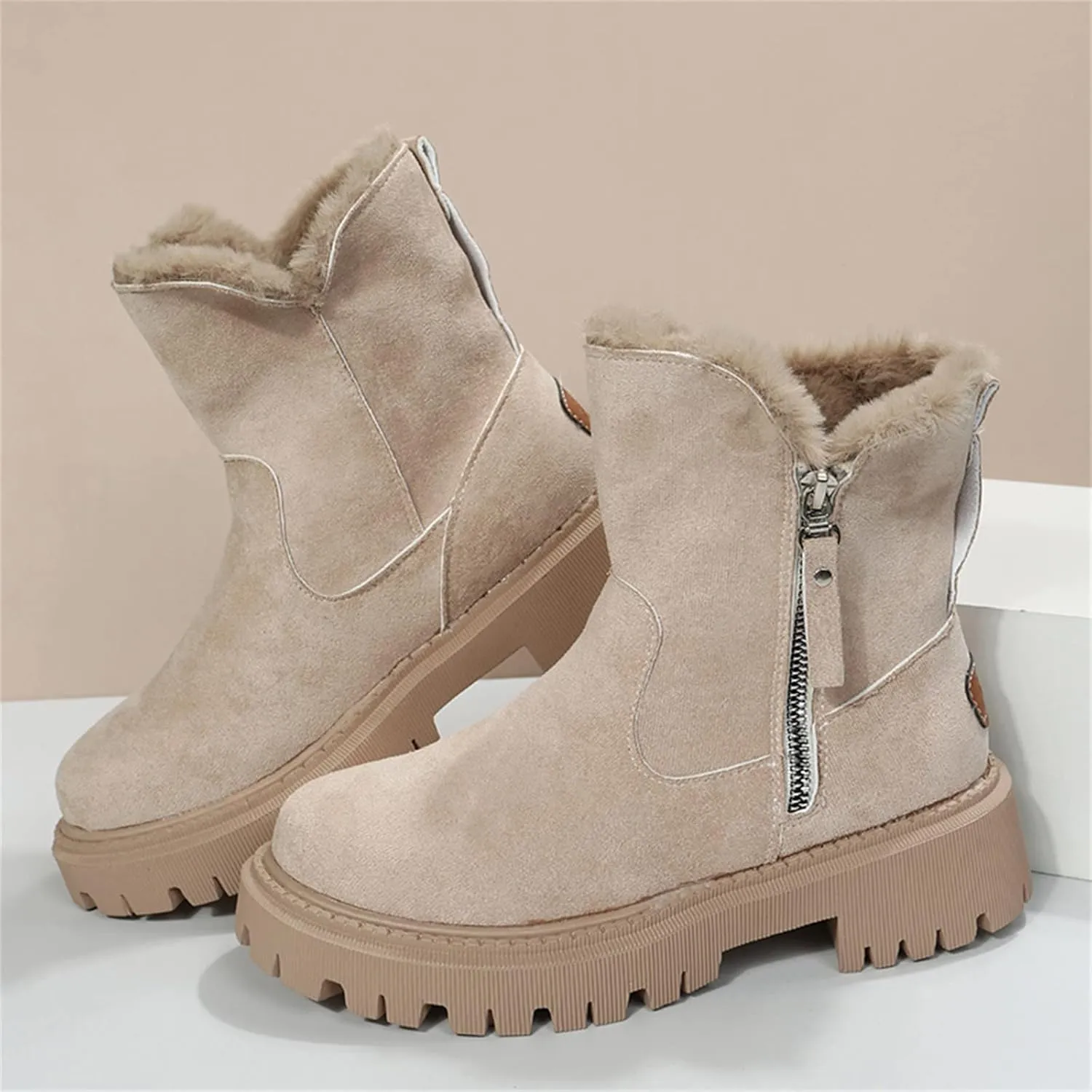 Mid Calf Boots for Women Faux Furry Lined Snow Boots Suede Leather Dressy Slip on Comfort Fall Winter Short Boots Side Zipper Wide Width Ladies Booties Women Shoes