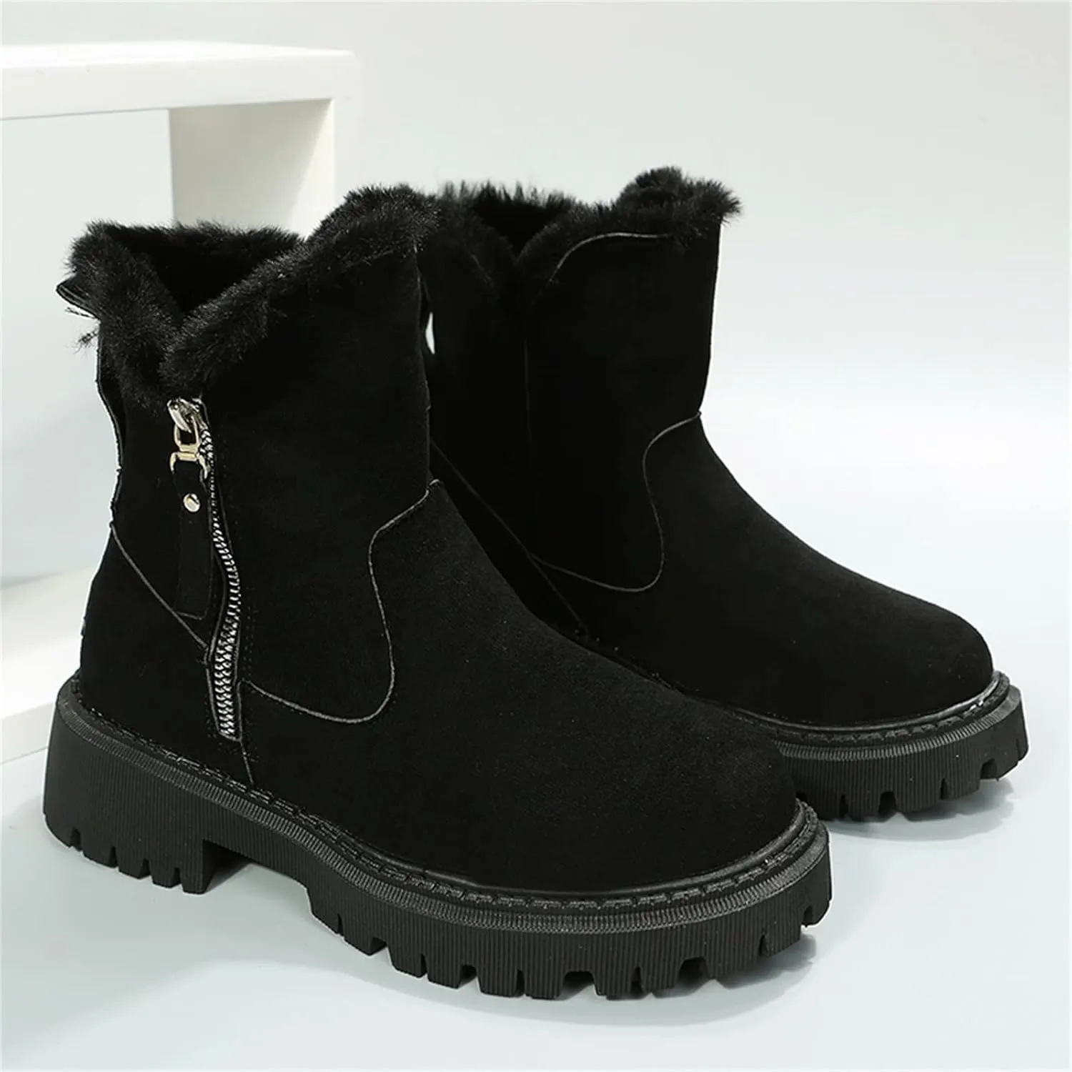Mid Calf Boots for Women Faux Furry Lined Snow Boots Suede Leather Dressy Slip on Comfort Fall Winter Short Boots Side Zipper Wide Width Ladies Booties Women Shoes