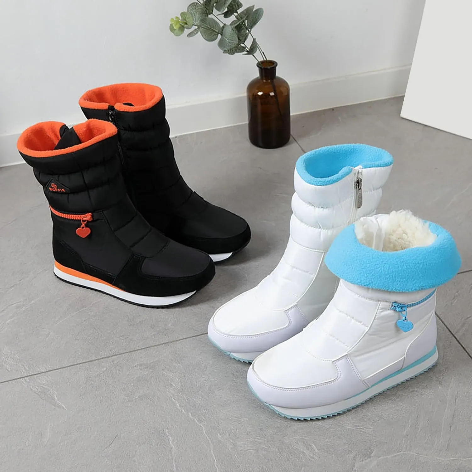 Mid Calf Snow Boots for Women Faux Furry Lined Low Heel Leather Waterproof Slip on Comfortable Fall Winter Boots Zip Up Vintage 2024 Women's Booties Ladies Boots