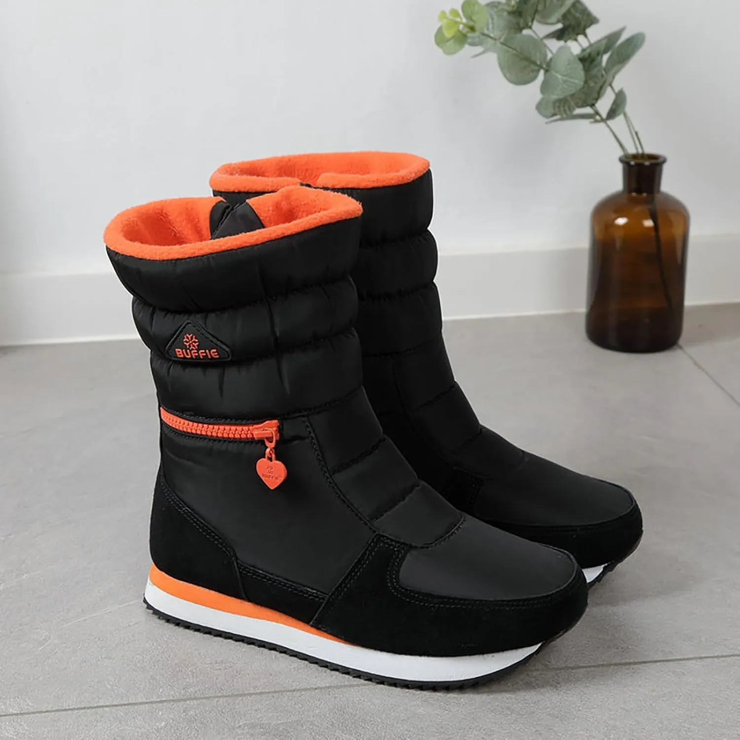 Mid Calf Snow Boots for Women Faux Furry Lined Low Heel Leather Waterproof Slip on Comfortable Fall Winter Boots Zip Up Vintage 2024 Women's Booties Ladies Boots