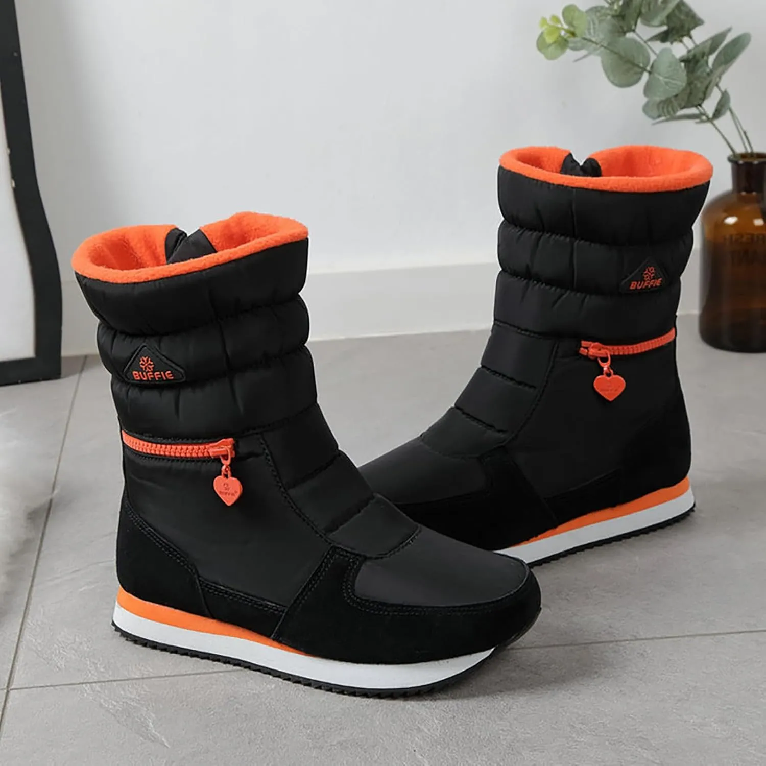 Mid Calf Snow Boots for Women Faux Furry Lined Low Heel Leather Waterproof Slip on Comfortable Fall Winter Boots Zip Up Vintage 2024 Women's Booties Ladies Boots