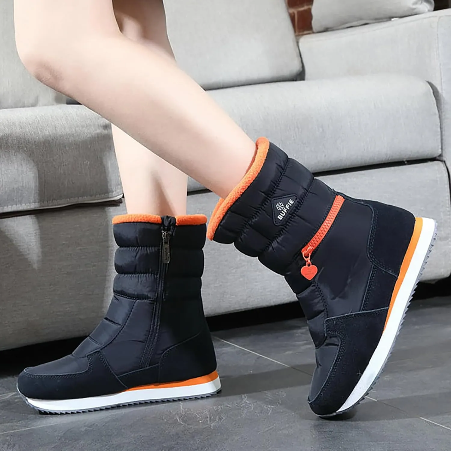 Mid Calf Snow Boots for Women Faux Furry Lined Low Heel Leather Waterproof Slip on Comfortable Fall Winter Boots Zip Up Vintage 2024 Women's Booties Ladies Boots