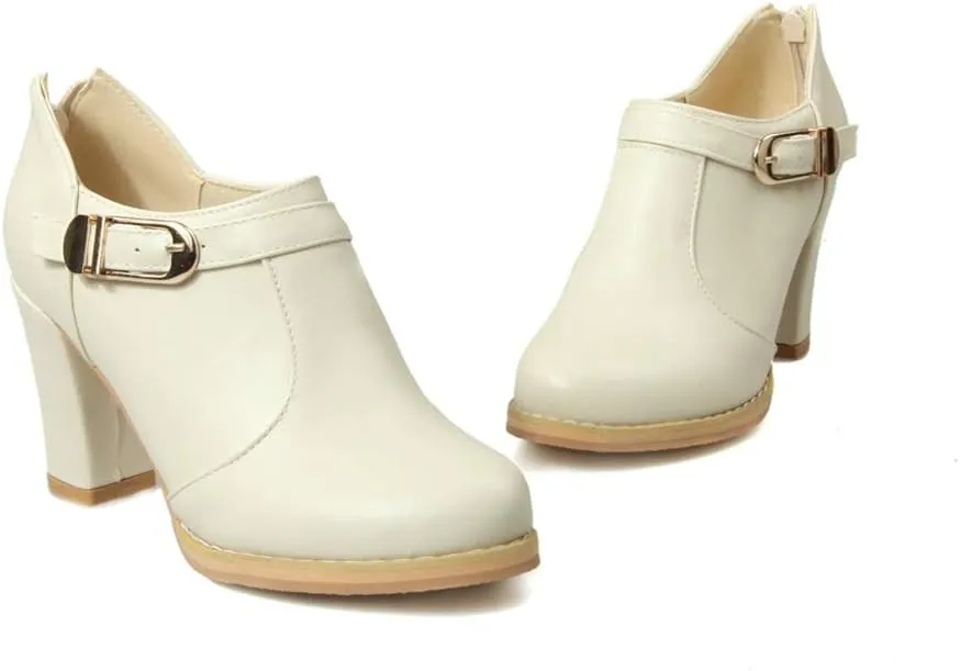 MIOKE Women's Round Toe Chunky Platform Oxford Pumps Buckle Slip On High Heel Zipper Uniform Dress Shoes