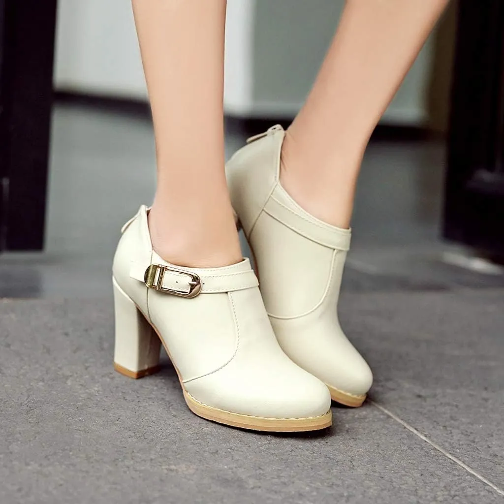 MIOKE Women's Round Toe Chunky Platform Oxford Pumps Buckle Slip On High Heel Zipper Uniform Dress Shoes