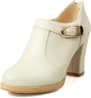 MIOKE Women's Round Toe Chunky Platform Oxford Pumps Buckle Slip On High Heel Zipper Uniform Dress Shoes