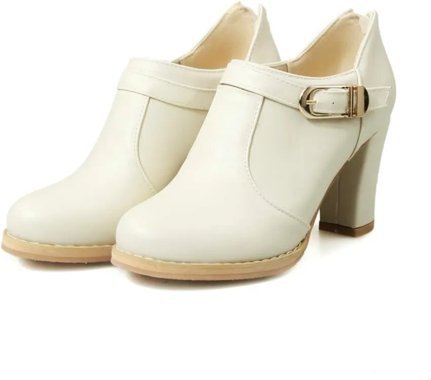 MIOKE Women's Round Toe Chunky Platform Oxford Pumps Buckle Slip On High Heel Zipper Uniform Dress Shoes