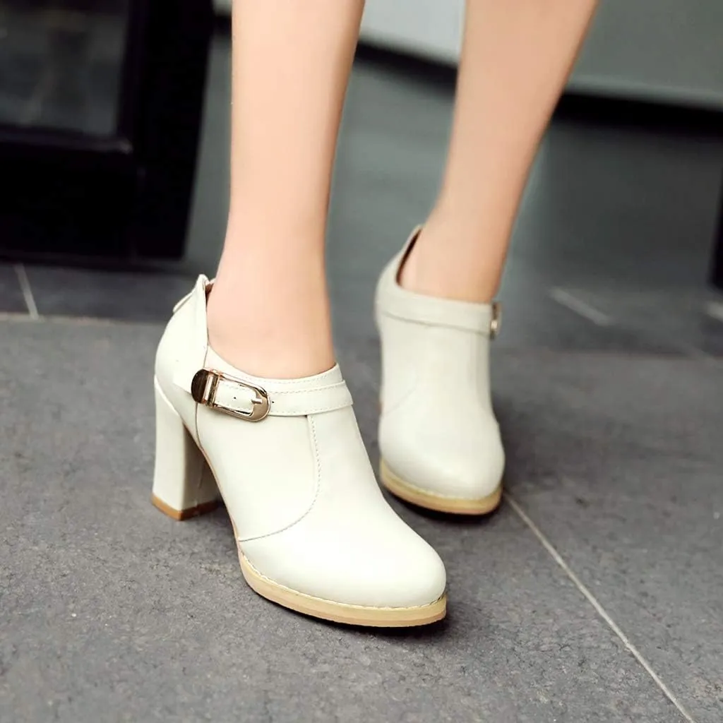 MIOKE Women's Round Toe Chunky Platform Oxford Pumps Buckle Slip On High Heel Zipper Uniform Dress Shoes