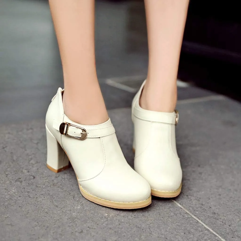 MIOKE Women's Round Toe Chunky Platform Oxford Pumps Buckle Slip On High Heel Zipper Uniform Dress Shoes