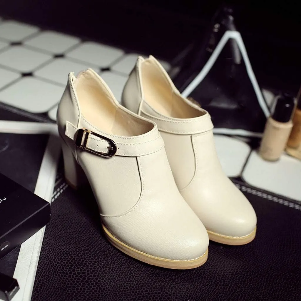 MIOKE Women's Round Toe Chunky Platform Oxford Pumps Buckle Slip On High Heel Zipper Uniform Dress Shoes