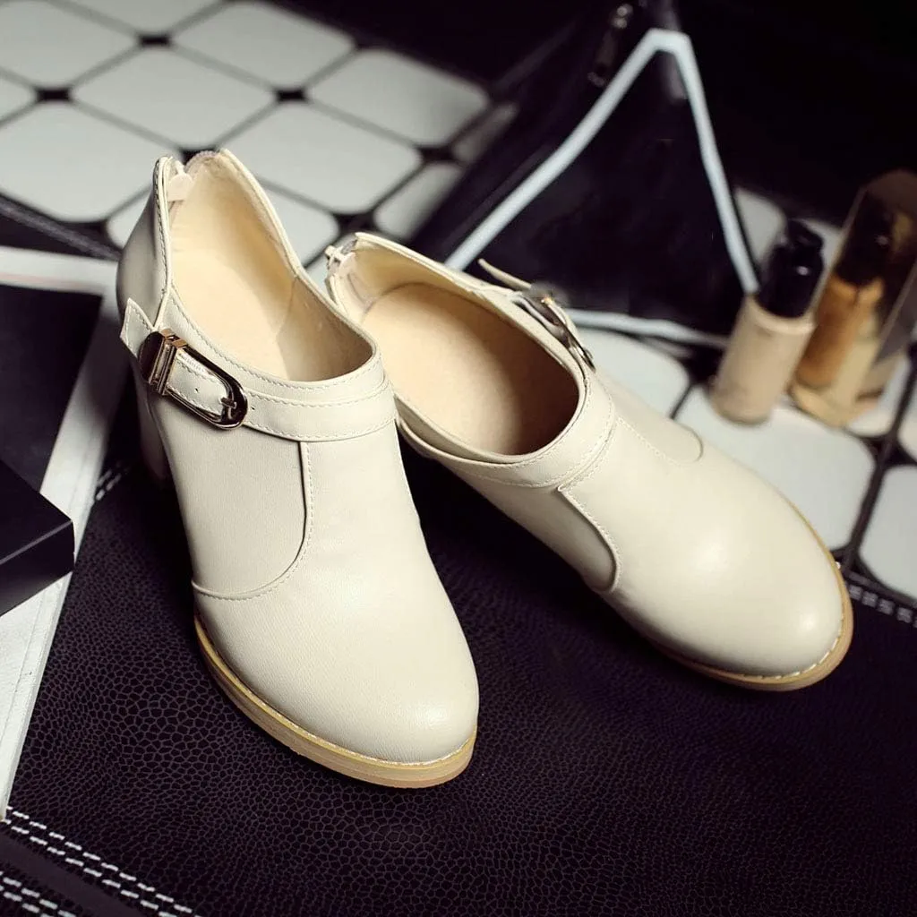 MIOKE Women's Round Toe Chunky Platform Oxford Pumps Buckle Slip On High Heel Zipper Uniform Dress Shoes
