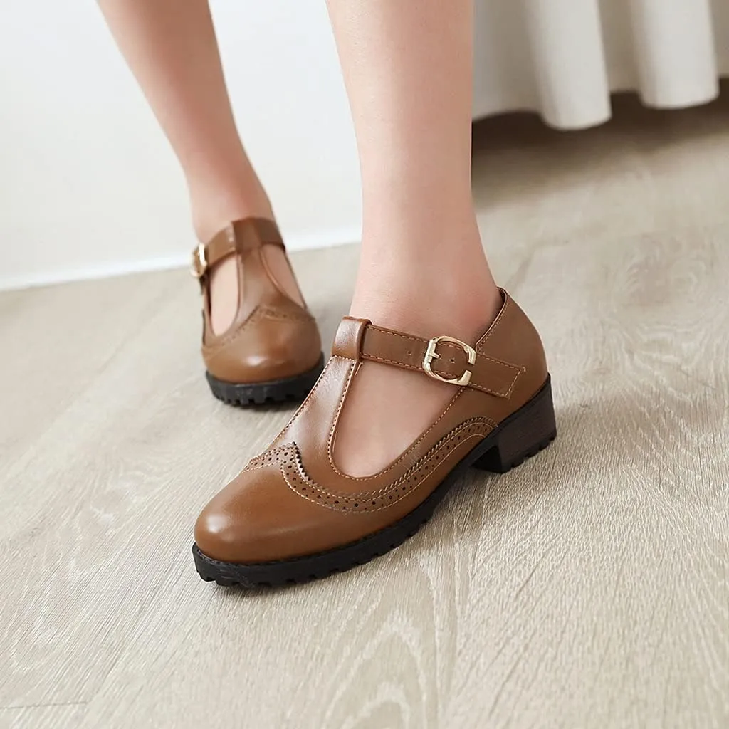 MIOKE Women's Round Toe Mary Jane Tassel Oxford Pumps T-Strap Comfort Low Heel Retro Fringed Dress Shoes