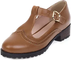 MIOKE Women's Round Toe Mary Jane Tassel Oxford Pumps T-Strap Comfort Low Heel Retro Fringed Dress Shoes