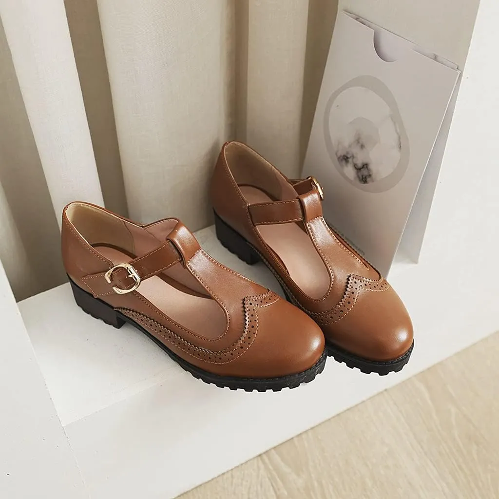 MIOKE Women's Round Toe Mary Jane Tassel Oxford Pumps T-Strap Comfort Low Heel Retro Fringed Dress Shoes
