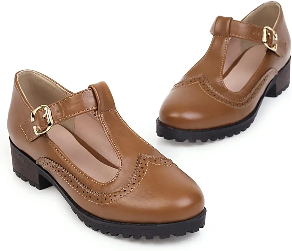MIOKE Women's Round Toe Mary Jane Tassel Oxford Pumps T-Strap Comfort Low Heel Retro Fringed Dress Shoes