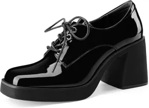 Oh Mispares Women's Chunky Heeled Oxfords Square Toe Platform Oxford Shoes for Women Lace-up Patent Leather Shoes Comfortable Business Dress Pump Shoes for Work