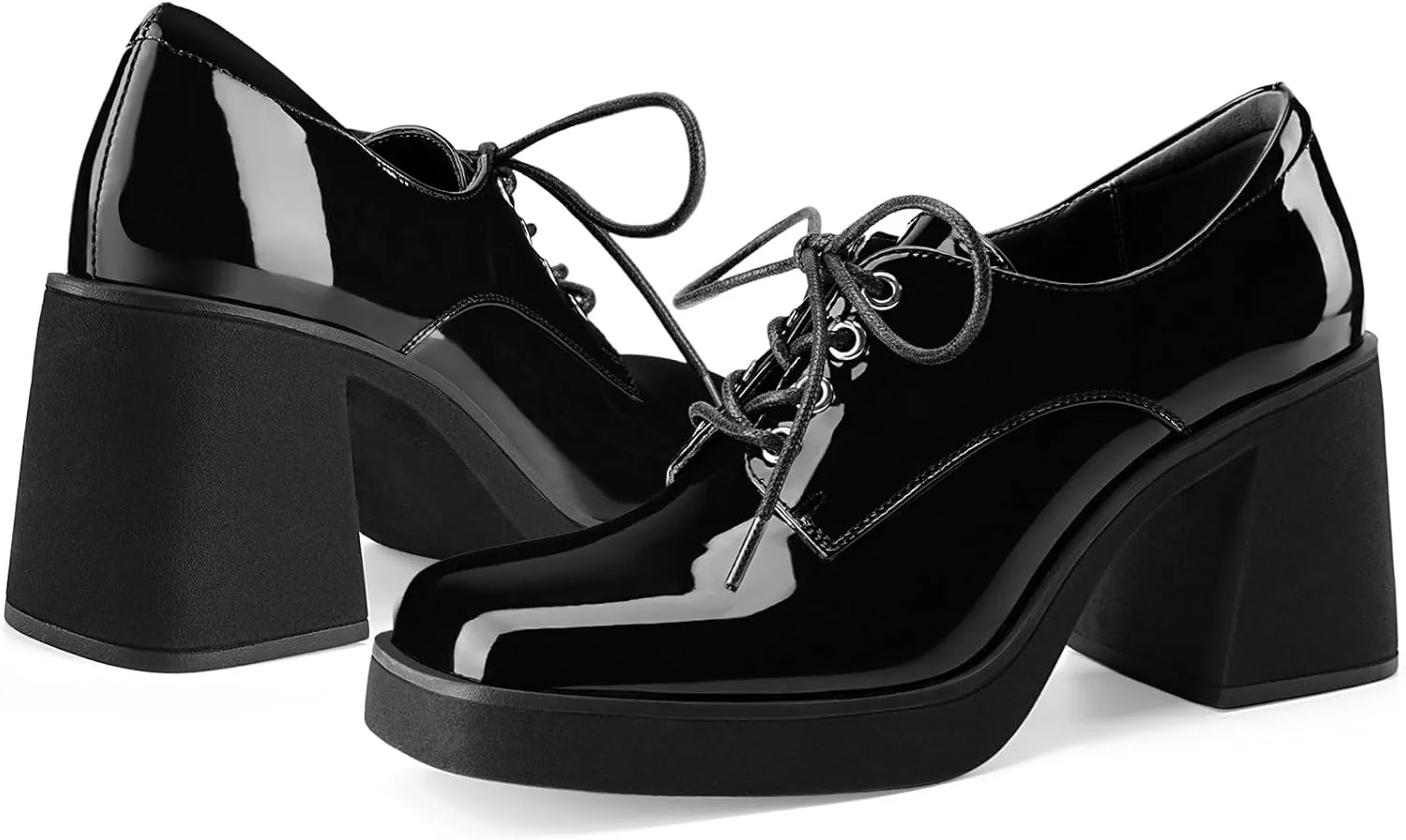 Oh Mispares Women's Chunky Heeled Oxfords Square Toe Platform Oxford Shoes for Women Lace-up Patent Leather Shoes Comfortable Business Dress Pump Shoes for Work