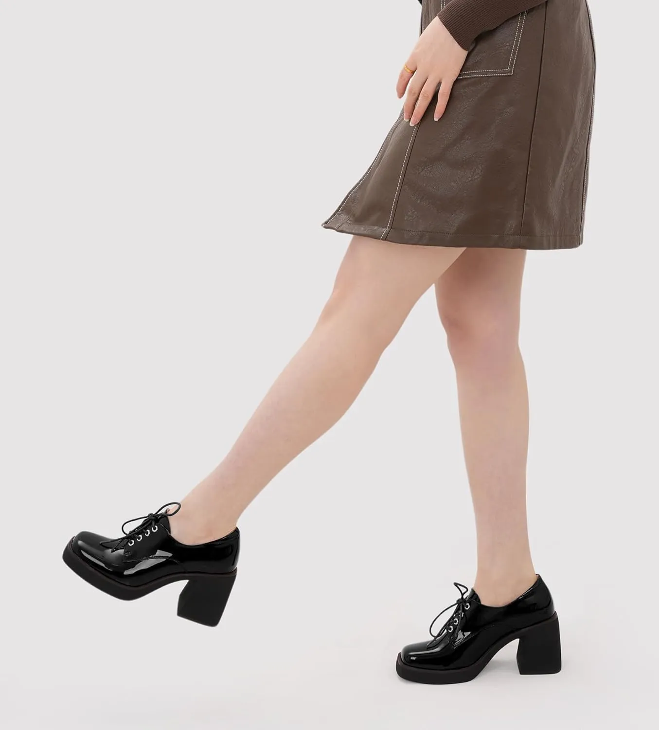 Oh Mispares Women's Chunky Heeled Oxfords Square Toe Platform Oxford Shoes for Women Lace-up Patent Leather Shoes Comfortable Business Dress Pump Shoes for Work