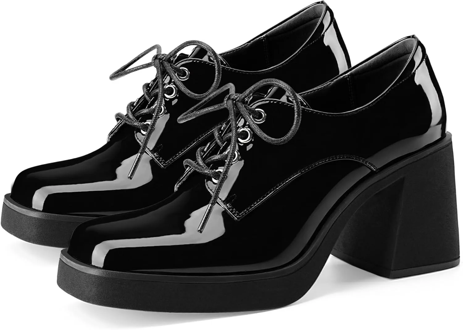 Oh Mispares Women's Chunky Heeled Oxfords Square Toe Platform Oxford Shoes for Women Lace-up Patent Leather Shoes Comfortable Business Dress Pump Shoes for Work