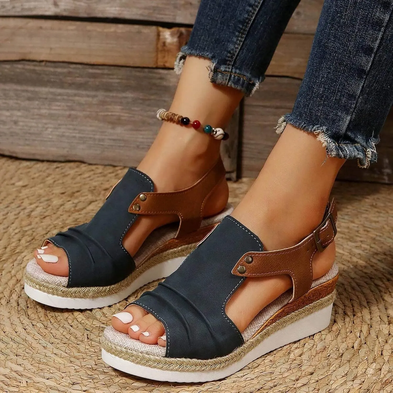 Orthopedic Platform Wedge Sandals for Women Summer Dressy 2025 Open Toe Ankle Strap Espadrilles Sandals Beach Sandals