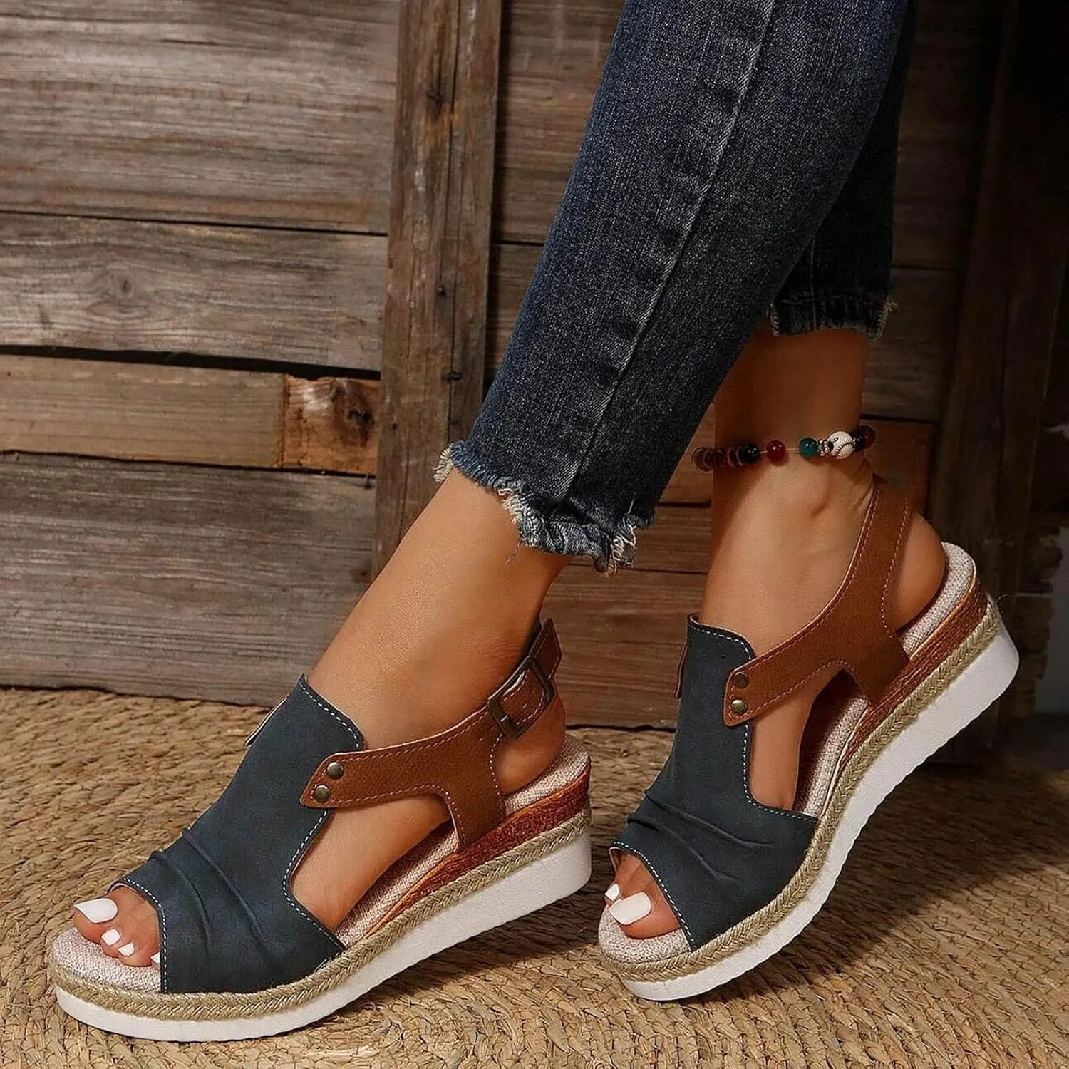 Orthopedic Platform Wedge Sandals for Women Summer Dressy 2025 Open Toe Ankle Strap Espadrilles Sandals Beach Sandals