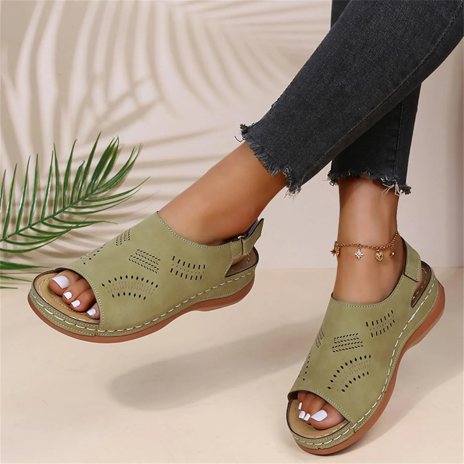 Orthopedic Sandals for Women Arch Support Sandals Women's Summer Platform Wedges, Hollow Out Ankle Strap Walking Sandal Fish Mouth Open Toe Flat Wedges Casual Comfortable Platform Shoes