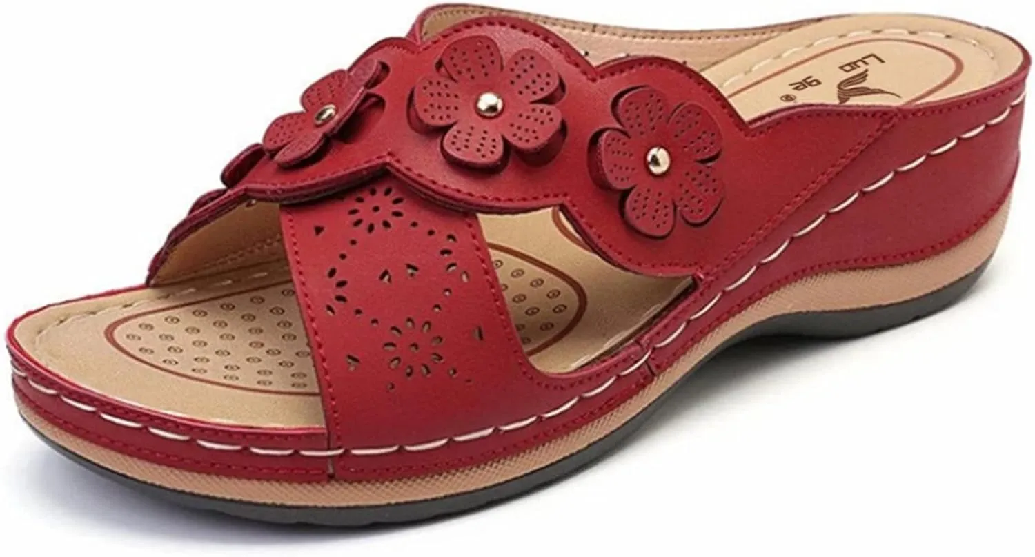 Orthopedic Sandals For Women Women's Comfort Leather Slides Lightweight Wedge Sandals Slip On Casual Walking Slippers with Arch Support Cushion Platform Sandals Dressy Summer