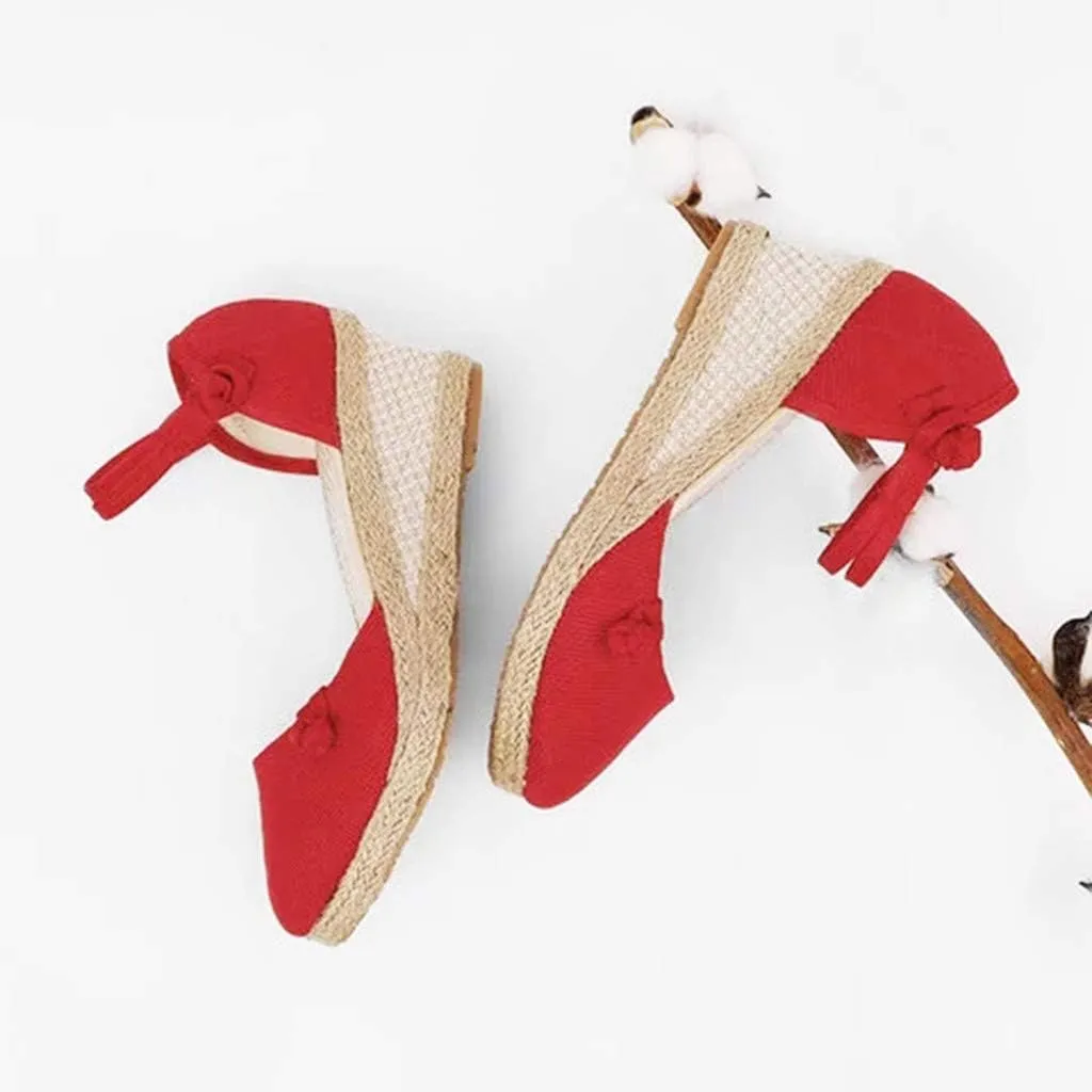 Platform Slides Sandals for Women Women Ladies Retro Canvas Wedge Round Toe Casual Sandals Singles Shoes