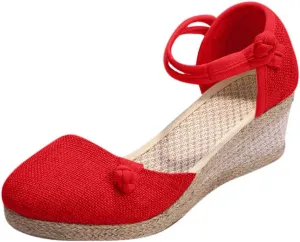 Platform Slides Sandals for Women Women Ladies Retro Canvas Wedge Round Toe Casual Sandals Singles Shoes