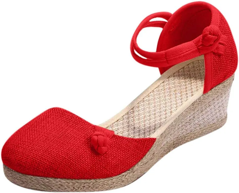 Platform Slides Sandals for Women Women Ladies Retro Canvas Wedge Round Toe Casual Sandals Singles Shoes