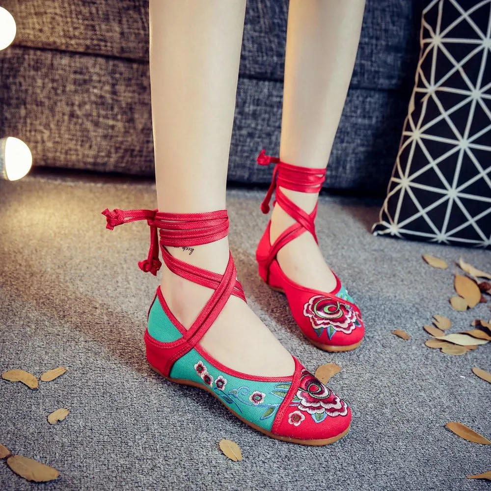 Qhome Women's Fashion Peony Embroidery lace-ups Multicolor Platform Chinese Dress Shoes