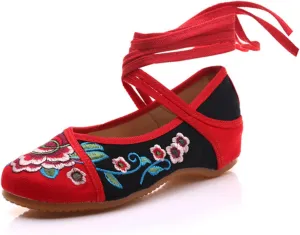 Qhome Women's Fashion Peony Embroidery lace-ups Multicolor Platform Chinese Dress Shoes