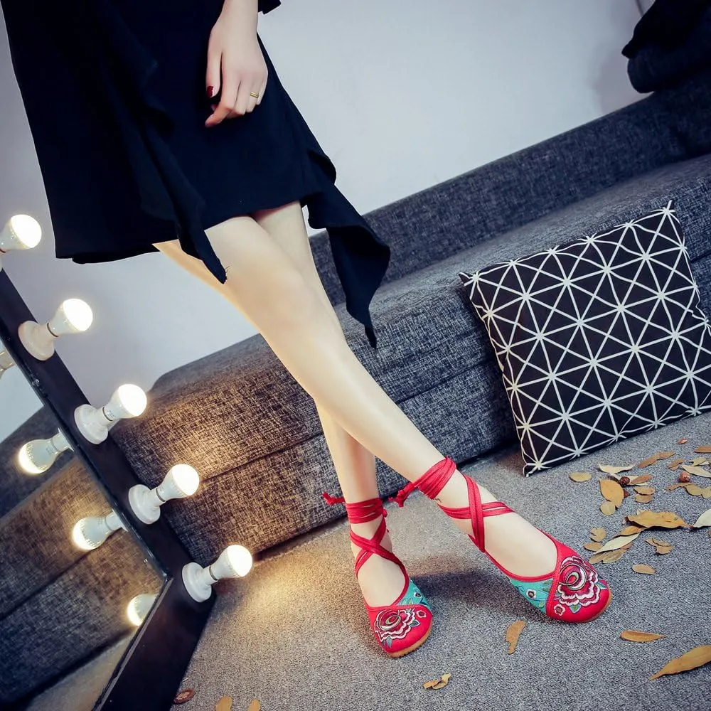 Qhome Women's Fashion Peony Embroidery lace-ups Multicolor Platform Chinese Dress Shoes