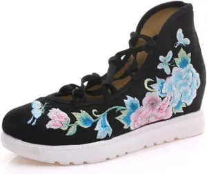 Qhome Women's Floral Butterfly Embroidery Comfortable Casual Walking Canvas Bandage Wedge Sandals Shoes