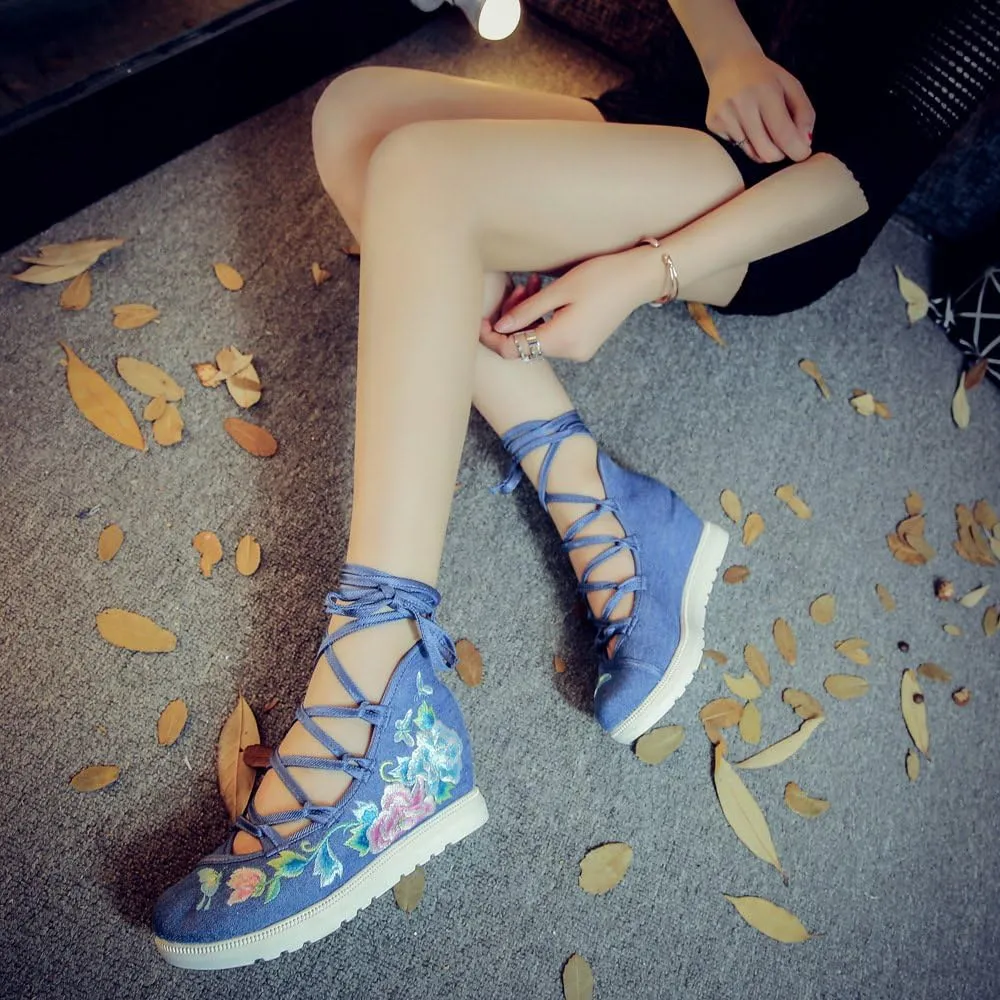 Qhome Women's Floral Butterfly Embroidery Comfortable Casual Walking Canvas Bandage Wedge Sandals Shoes