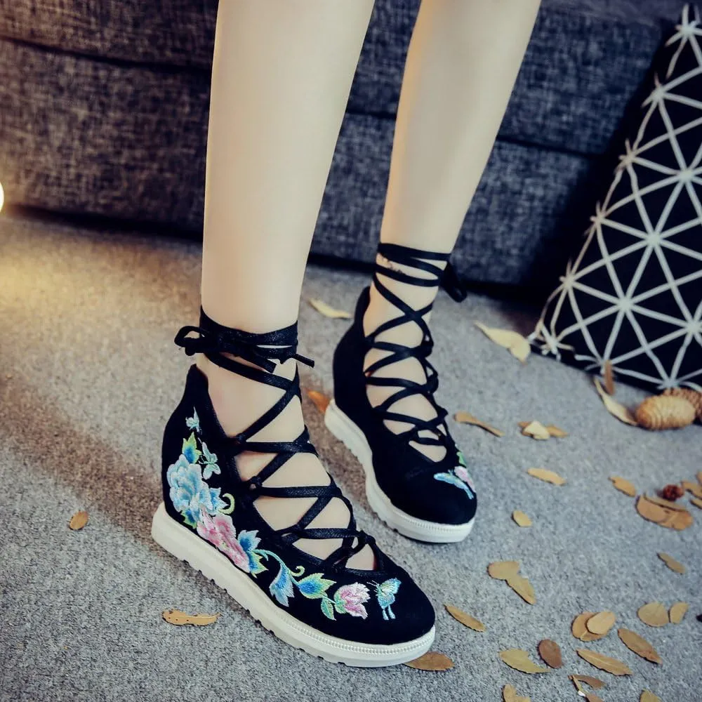 Qhome Women's Floral Butterfly Embroidery Comfortable Casual Walking Canvas Bandage Wedge Sandals Shoes