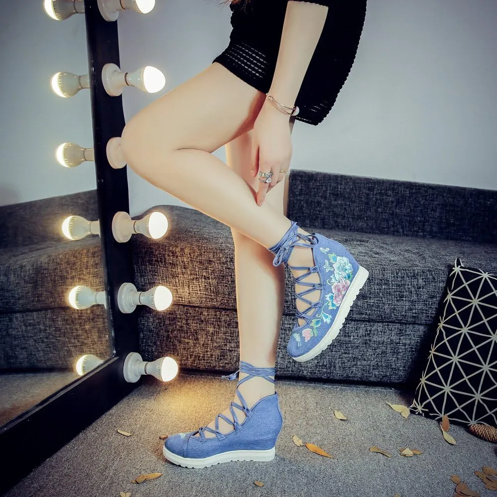Qhome Women's Floral Butterfly Embroidery Comfortable Casual Walking Canvas Bandage Wedge Sandals Shoes