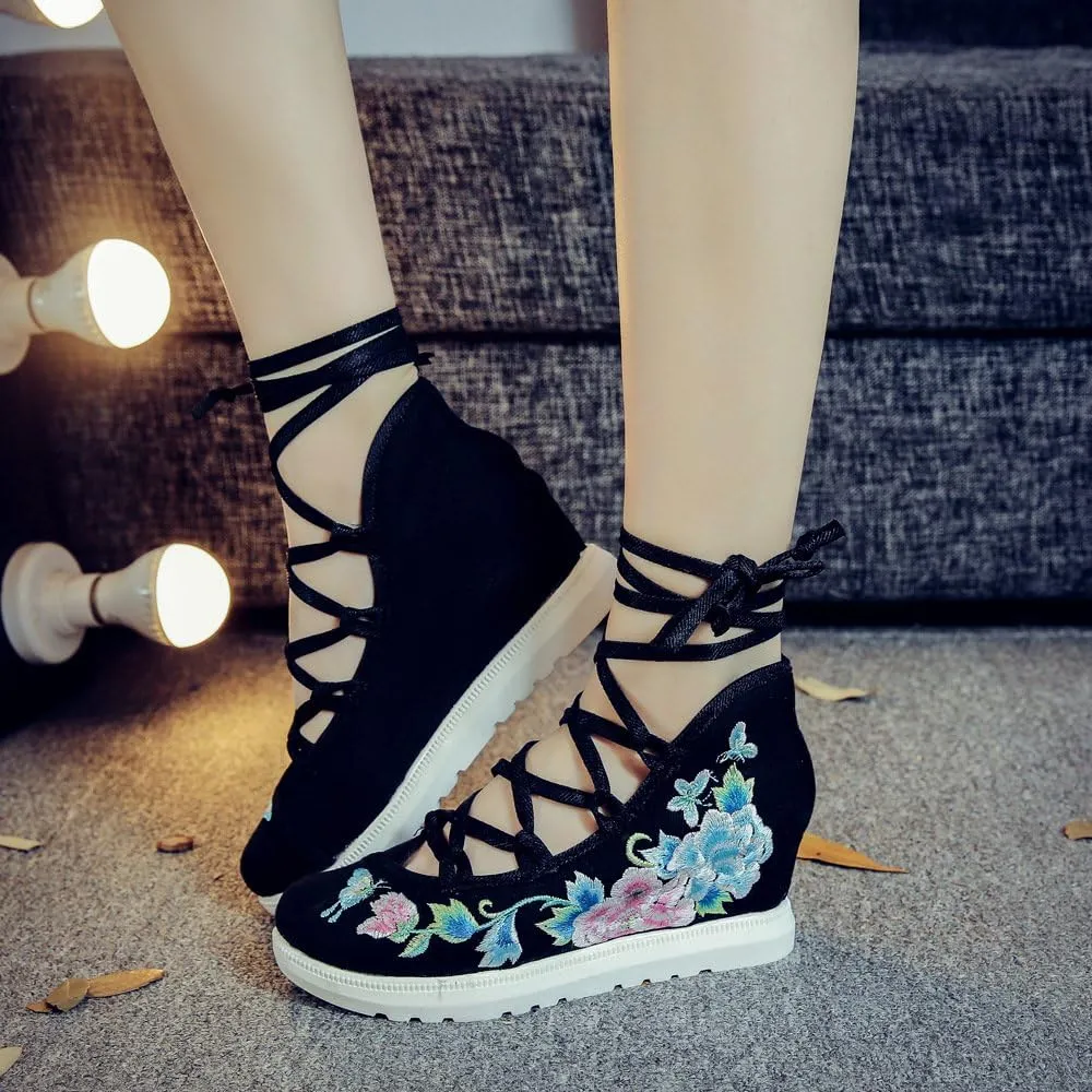 Qhome Women's Floral Butterfly Embroidery Comfortable Casual Walking Canvas Bandage Wedge Sandals Shoes